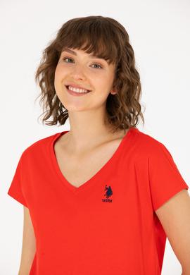 Kadın Kırmızı V Yaka Tişört - 50266308111