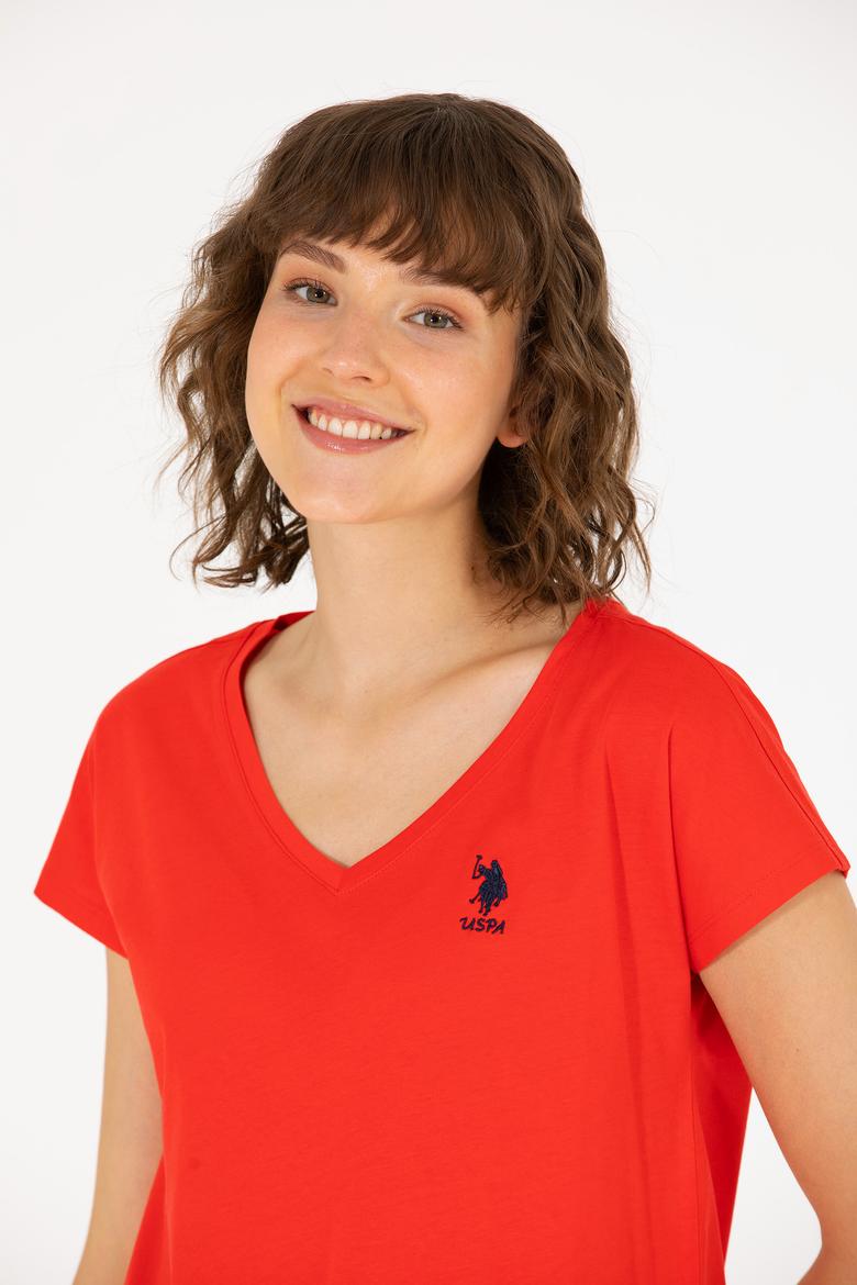 Kadın Kırmızı V Yaka Tişört - 50266308111