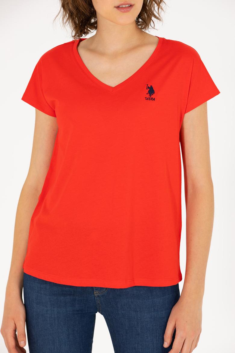 Kadın Kırmızı V Yaka Tişört - 50266308111