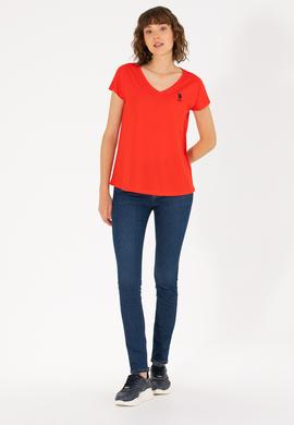 Kadın Kırmızı V Yaka Tişört - 50266308111