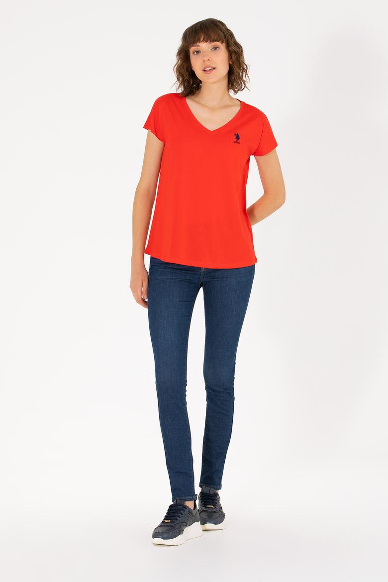 Kadın Kırmızı V Yaka Tişört - 50266308111
