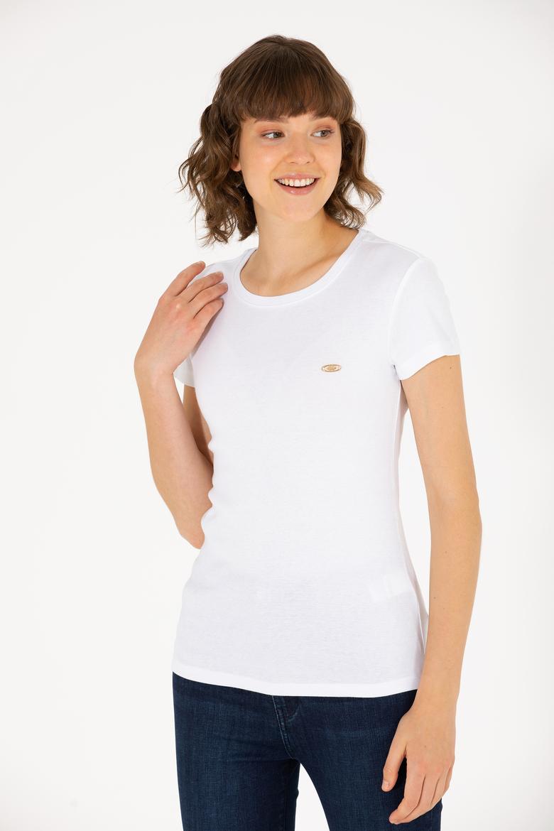 Kadın Beyaz Bisiklet Yaka Tişört