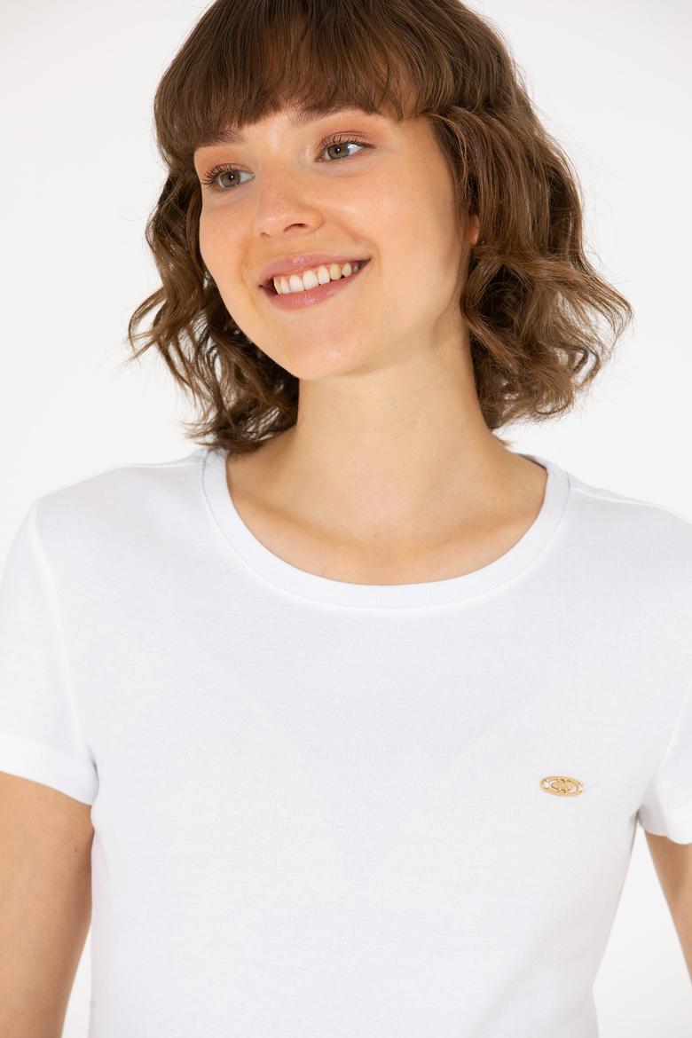 Kadın Beyaz Bisiklet Yaka Tişört - 50275812007