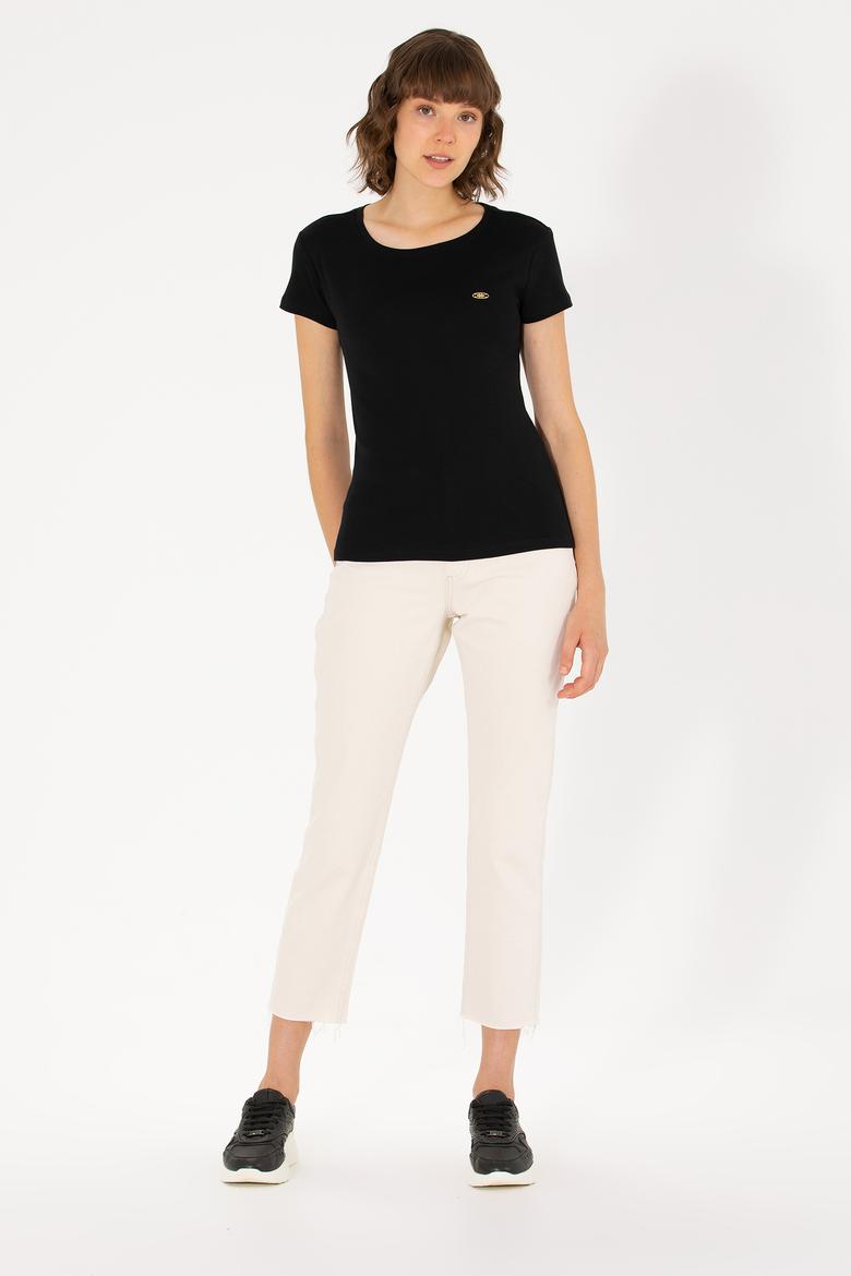 Kadın Siyah Bisiklet Yaka Tişört - 50275812023