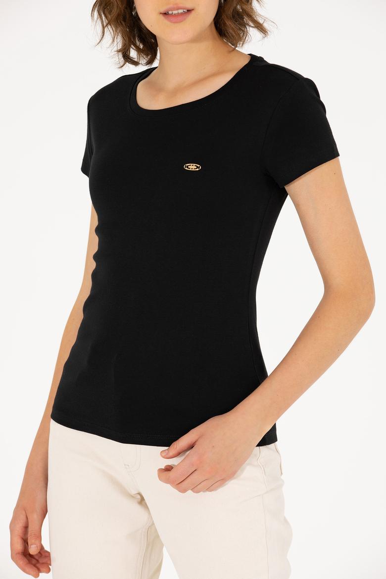 Kadın Siyah Bisiklet Yaka Tişört - 50275812023