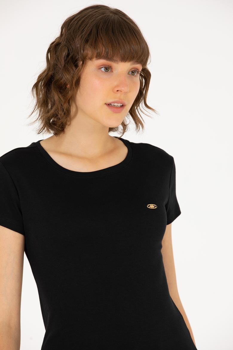 Kadın Siyah Bisiklet Yaka Tişört