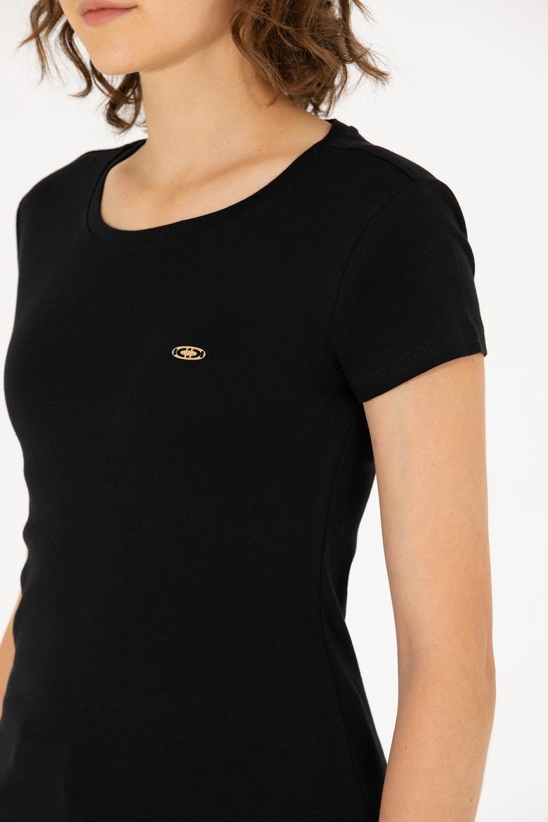 Kadın Siyah Bisiklet Yaka Tişört - 50275812023