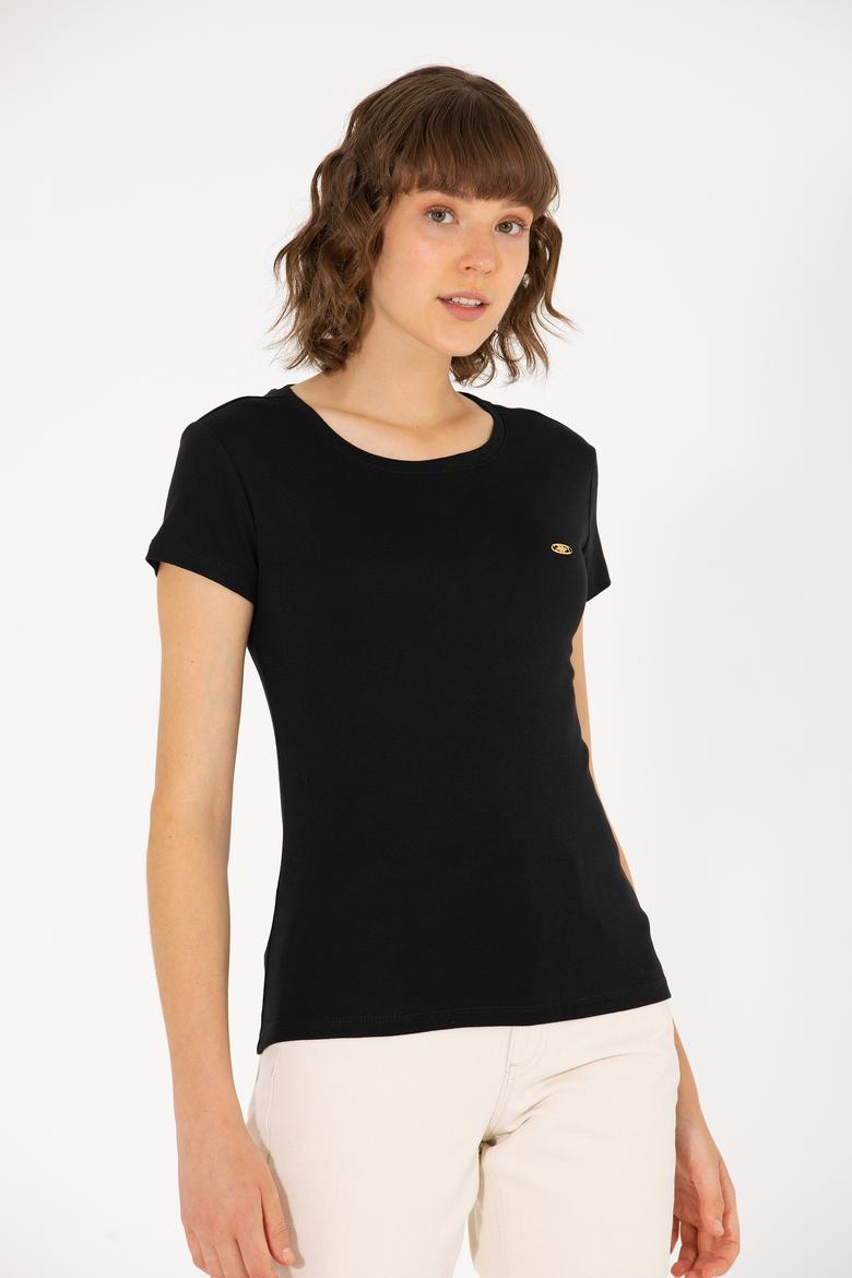 Kadın Siyah Bisiklet Yaka Tişört - 50275812023