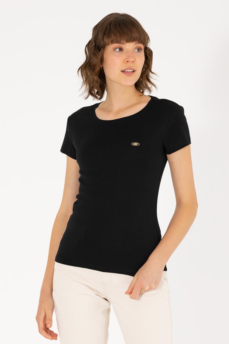 Kadın Siyah Bisiklet Yaka Tişört - 50275812023