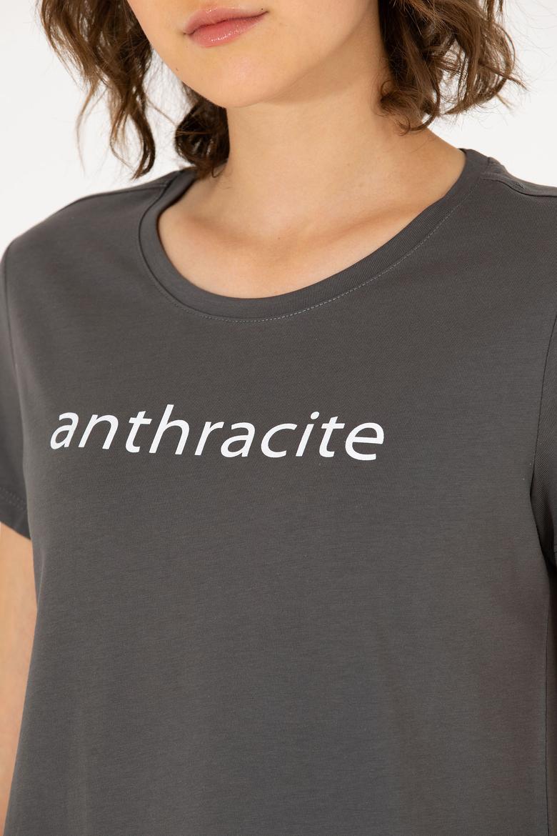 Kadın Antrasit Bisiklet Yaka Tişört - 50276741046