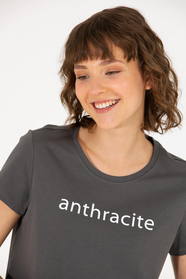 Kadın Antrasit Bisiklet Yaka Tişört - 50276741046