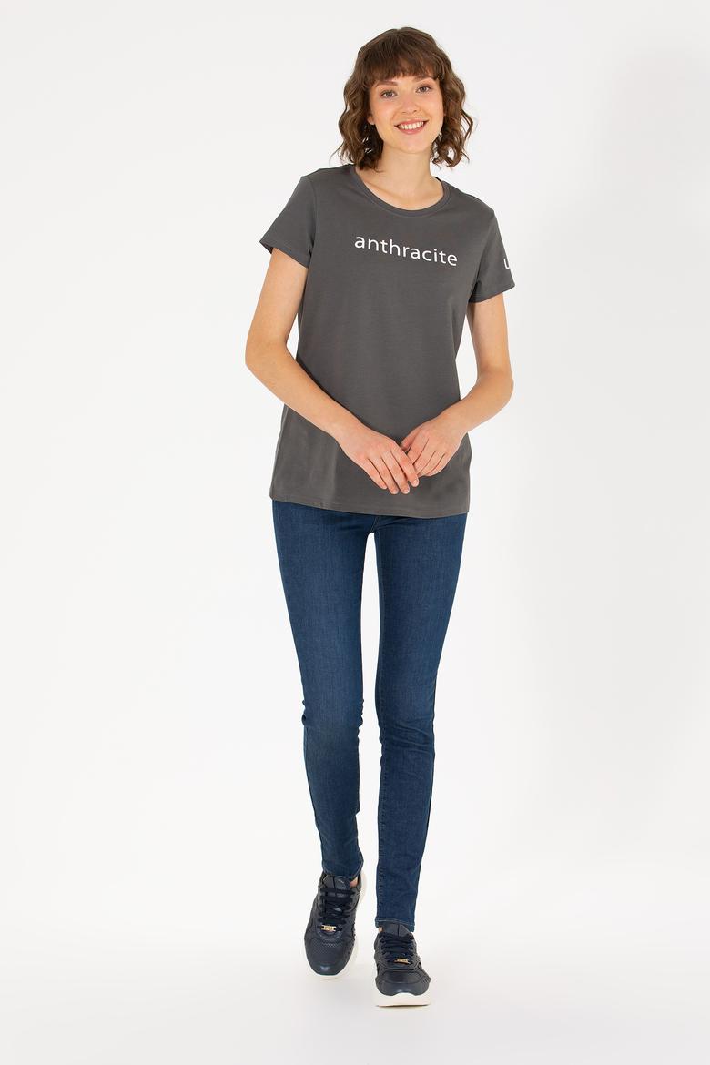 Kadın Antrasit Bisiklet Yaka Tişört - 50276741046