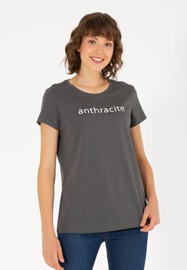 Kadın Antrasit Bisiklet Yaka Tişört - 50276741046