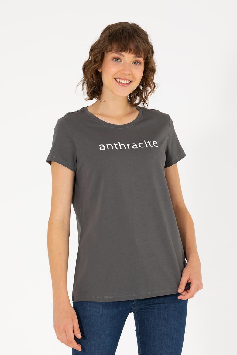 Kadın Antrasit Bisiklet Yaka Tişört - 50276741046