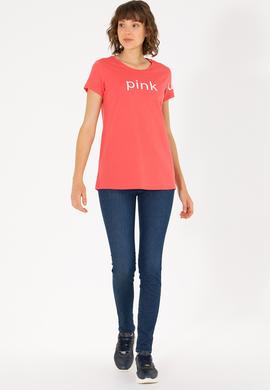 Kadın Pembe Bisiklet Yaka Tişört - 50276741068