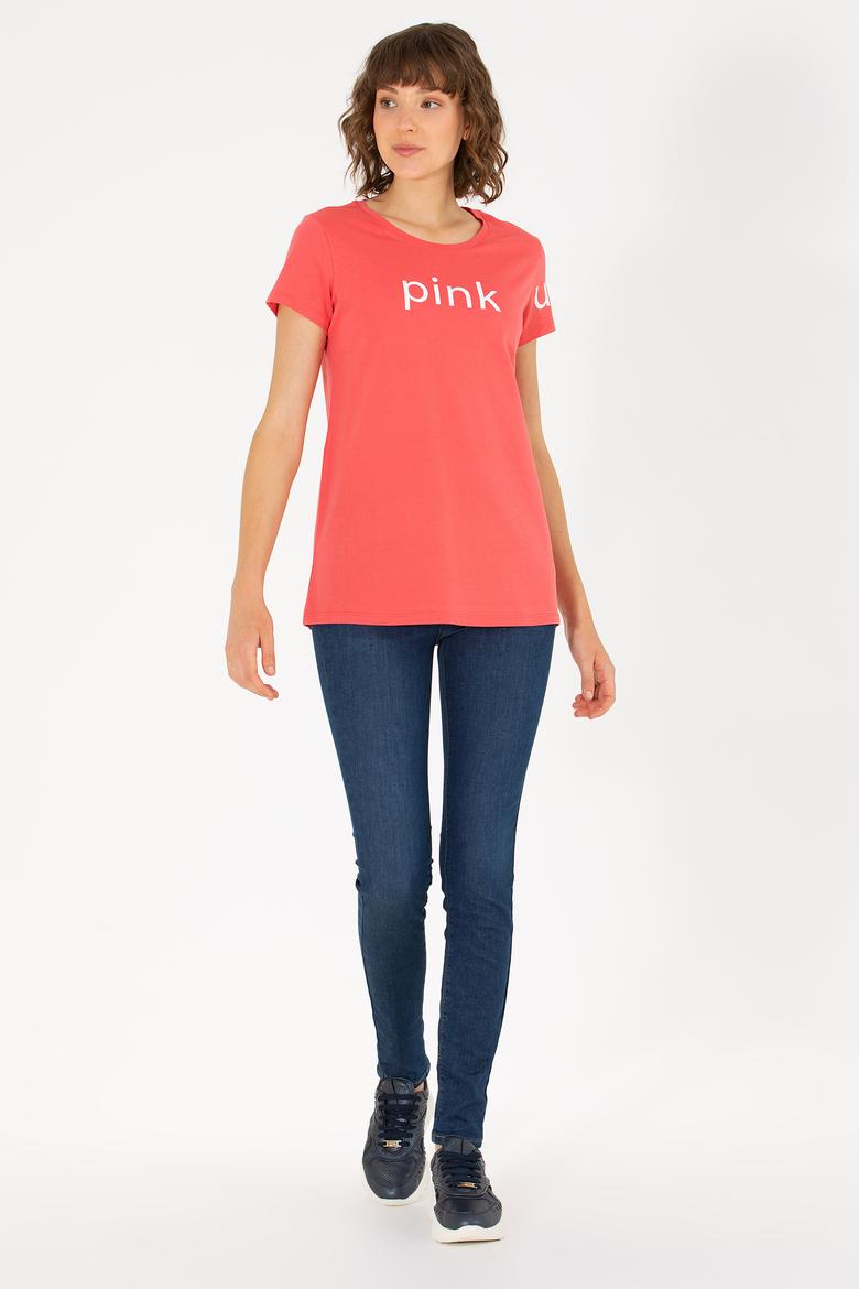 Kadın Pembe Bisiklet Yaka Tişört - 50276741068