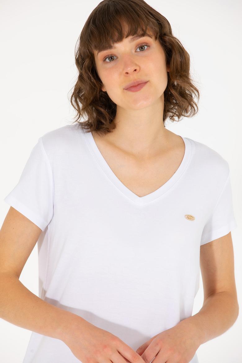 Kadın Beyaz V Yaka Basic Tişört - 50262610017
