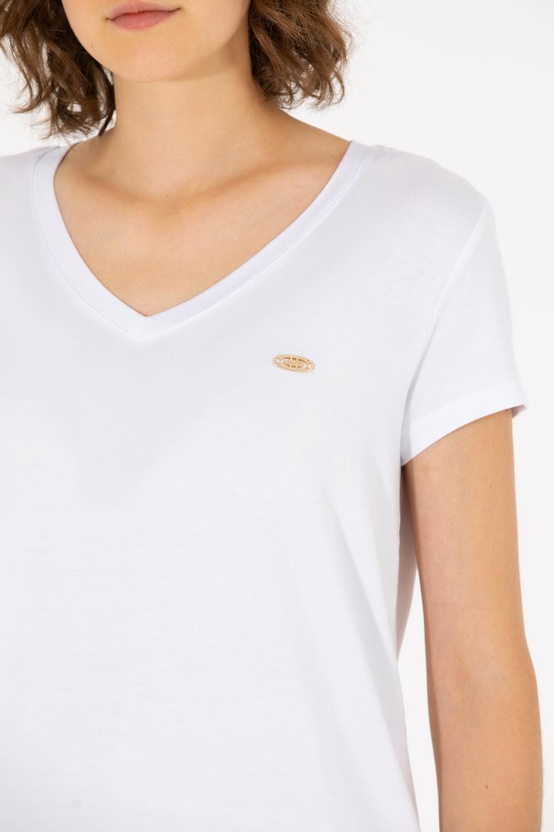Kadın Beyaz V Yaka Basic Tişört - 50262610017