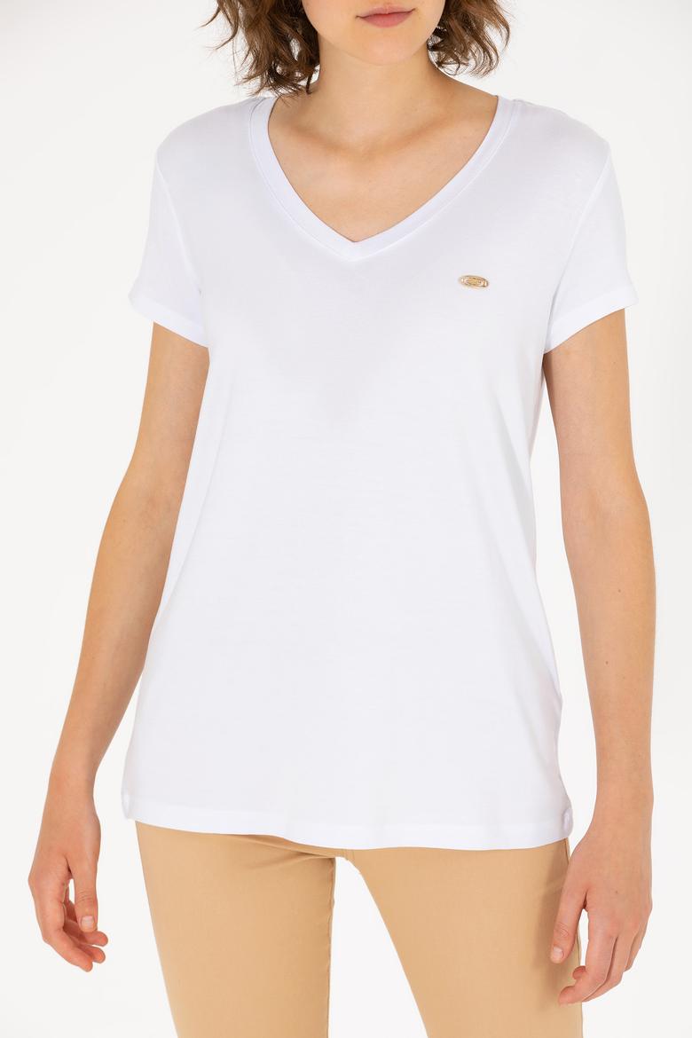 Kadın Beyaz V Yaka Basic Tişört - 50262610017