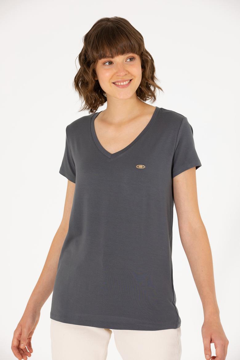 Kadın Antrasit V Yaka Basic Tişört - 50262610029
