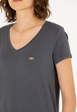 Kadın Antrasit V Yaka Basic Tişört - 50262610029