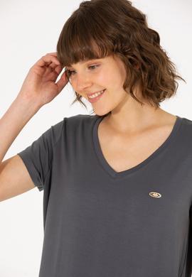 Kadın Antrasit V Yaka Basic Tişört - 50262610029