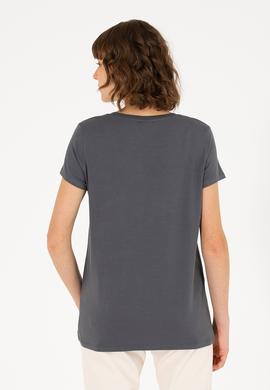 Kadın Antrasit V Yaka Basic Tişört - 50262610029