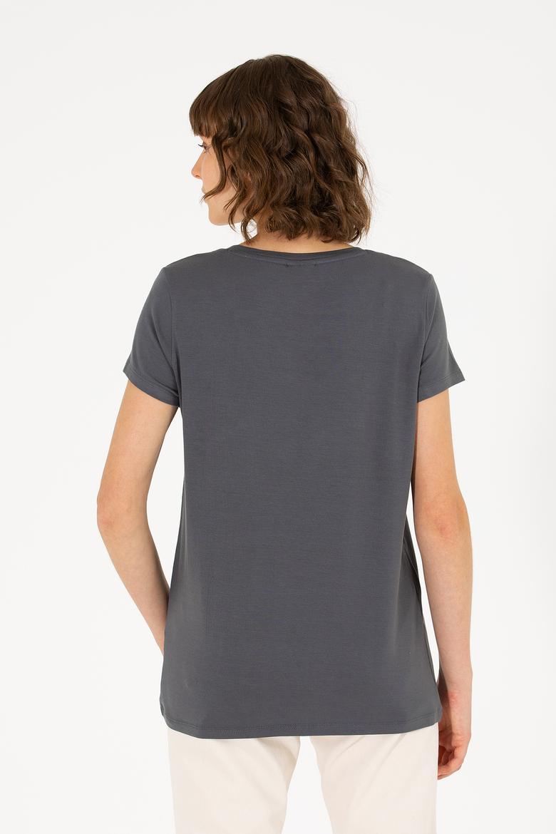 Kadın Antrasit V Yaka Basic Tişört - 50262610029