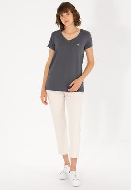 Kadın Antrasit V Yaka Basic Tişört - 50262610029