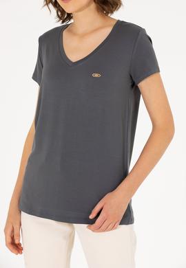 Kadın Antrasit V Yaka Basic Tişört - 50262610029