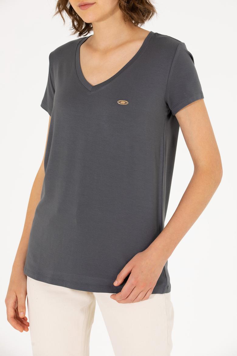 Kadın Antrasit V Yaka Basic Tişört - 50262610029