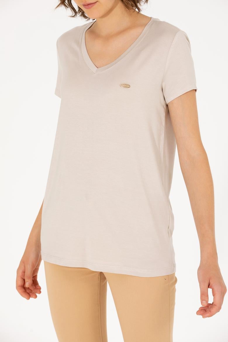 Kadın Taş V Yaka Basic Tişört - 50262610078