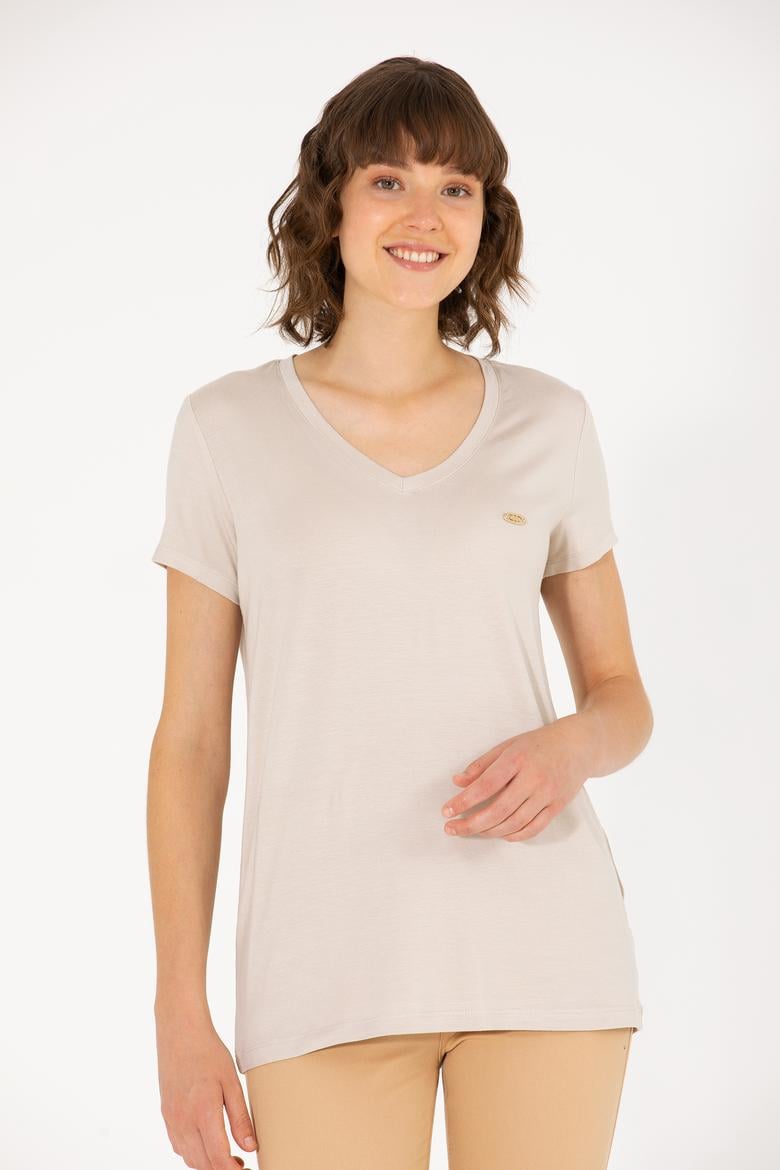 Kadın Taş V Yaka Basic Tişört - 50262610078