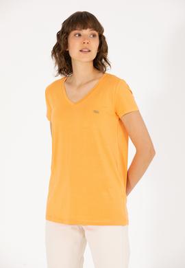 Kadın Turuncu V Yaka Basic Tişört - 50262610164