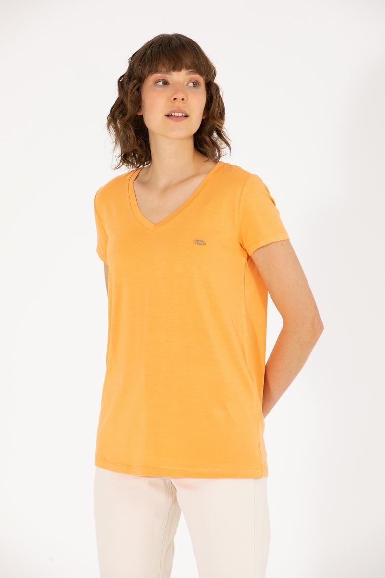 Kadın Turuncu V Yaka Basic Tişört - 50262610164