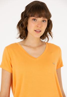 Kadın Turuncu V Yaka Basic Tişört - 50262610164