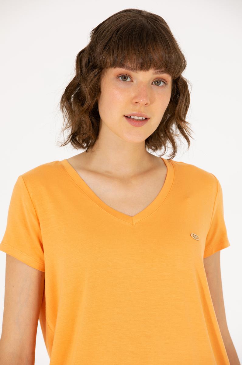 Kadın Turuncu V Yaka Basic Tişört