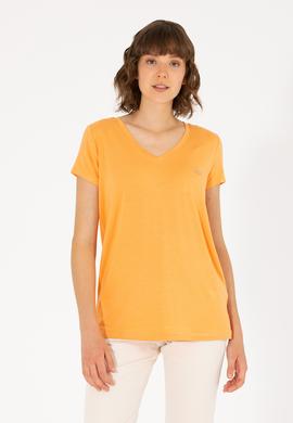 Kadın Turuncu V Yaka Basic Tişört - 50262610164