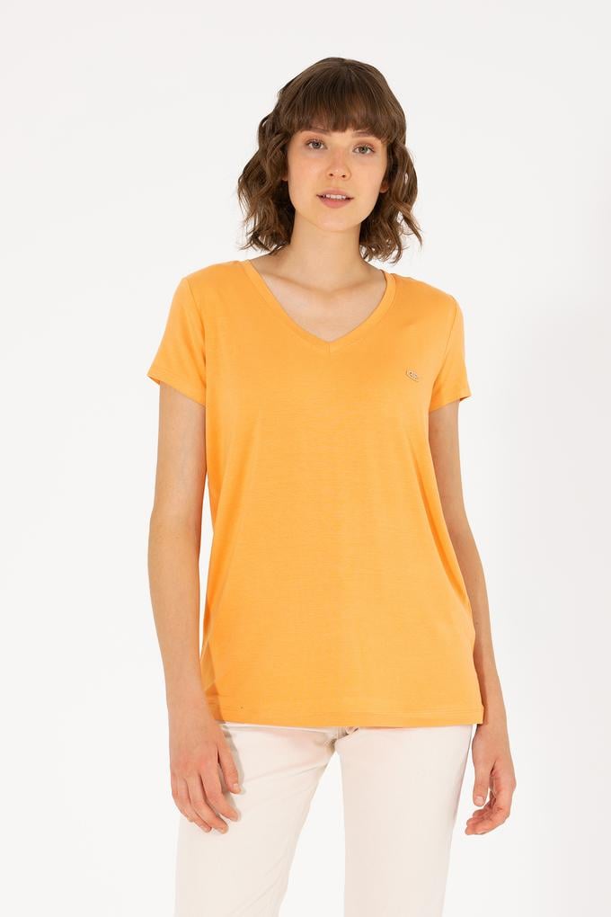 Kadın Turuncu V Yaka Basic Tişört