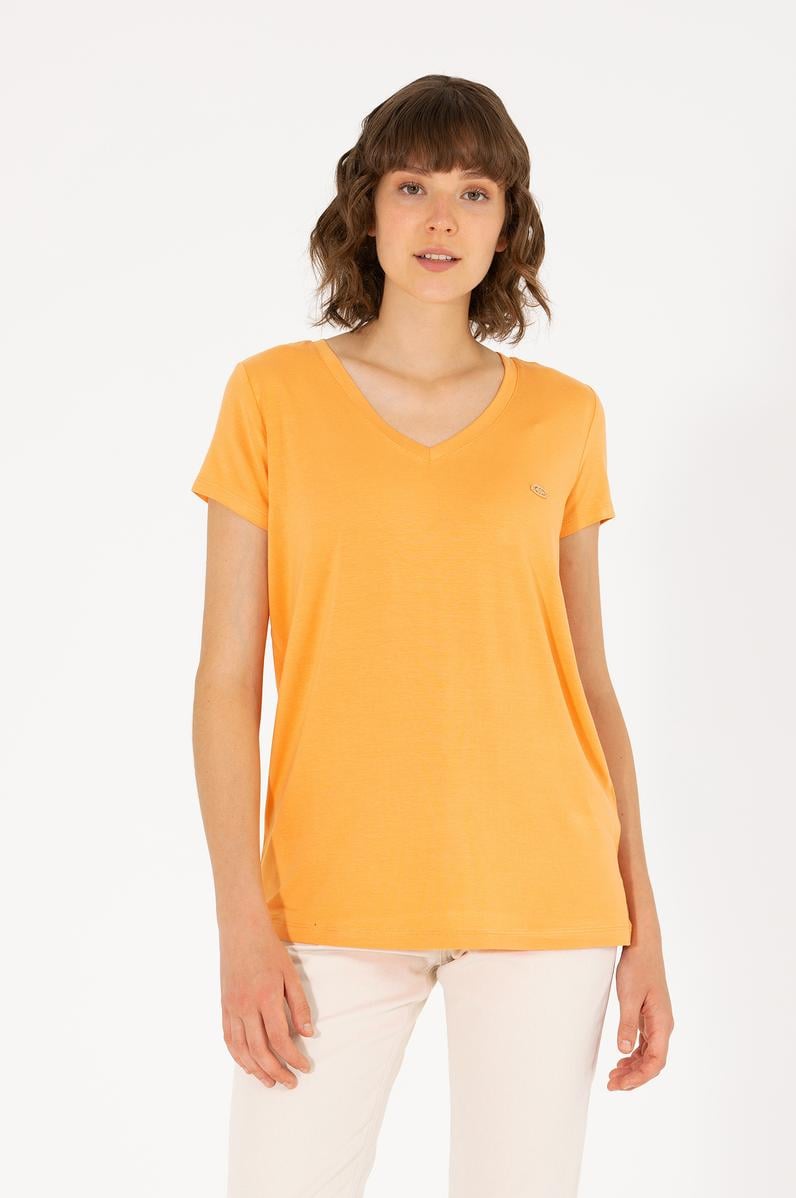 Kadın Turuncu V Yaka Basic Tişört