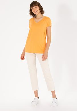 Kadın Turuncu V Yaka Basic Tişört - 50262610164