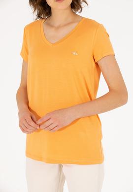 Kadın Turuncu V Yaka Basic Tişört - 50262610164