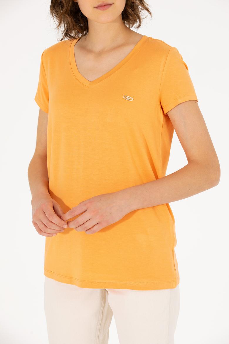 Kadın Turuncu V Yaka Basic Tişört - 50262610164