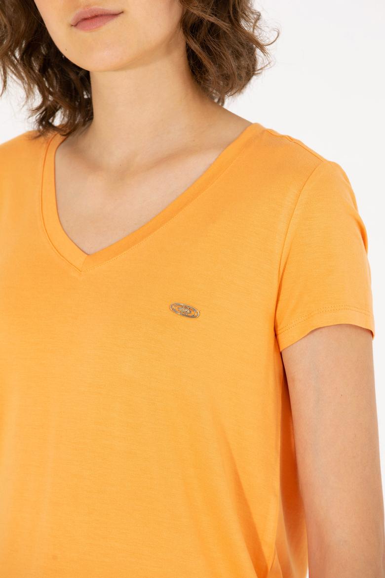 Kadın Turuncu V Yaka Basic Tişört - 50262610164