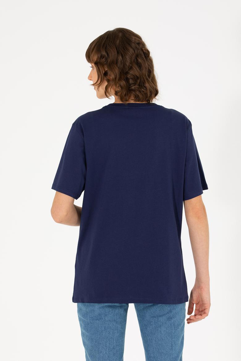 Kadın Lacivert Bisiklet Yaka Basic Tişört - 50262658005