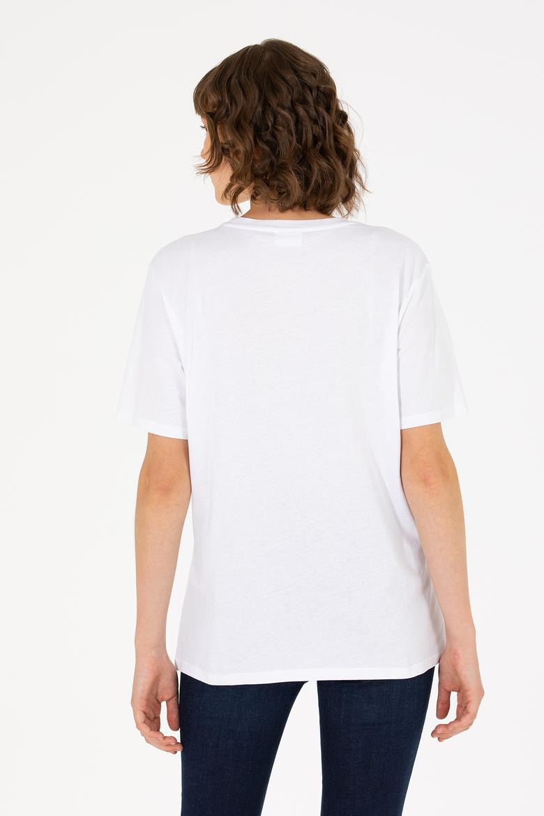 Kadın Beyaz Bisiklet Yaka Basic Tişört - 50262658012