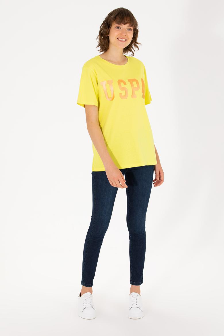 Kadın Neon Sarı Bisiklet Yaka Basic Tişört - 50262658135