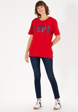 Kadın Kırmızı Bisiklet Yaka Basic Tişört - 50262658147