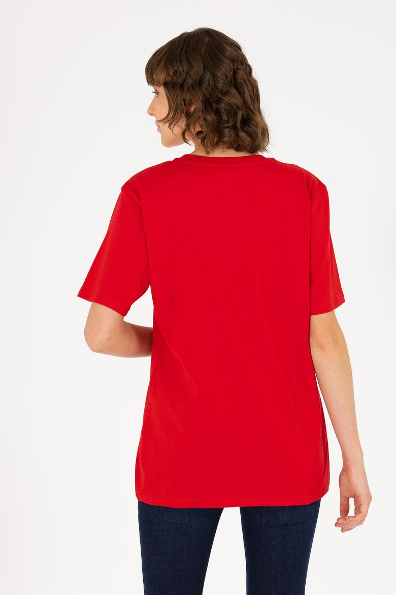 Kadın Kırmızı Bisiklet Yaka Basic Tişört - 50262658147