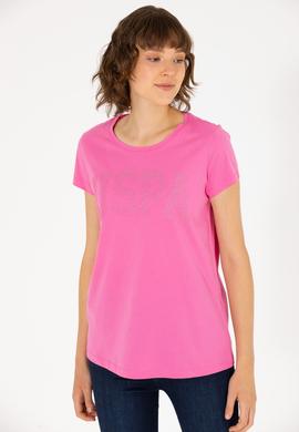 Kadın Pembe Bisiklet Yaka Basic Tişört - 50262670025